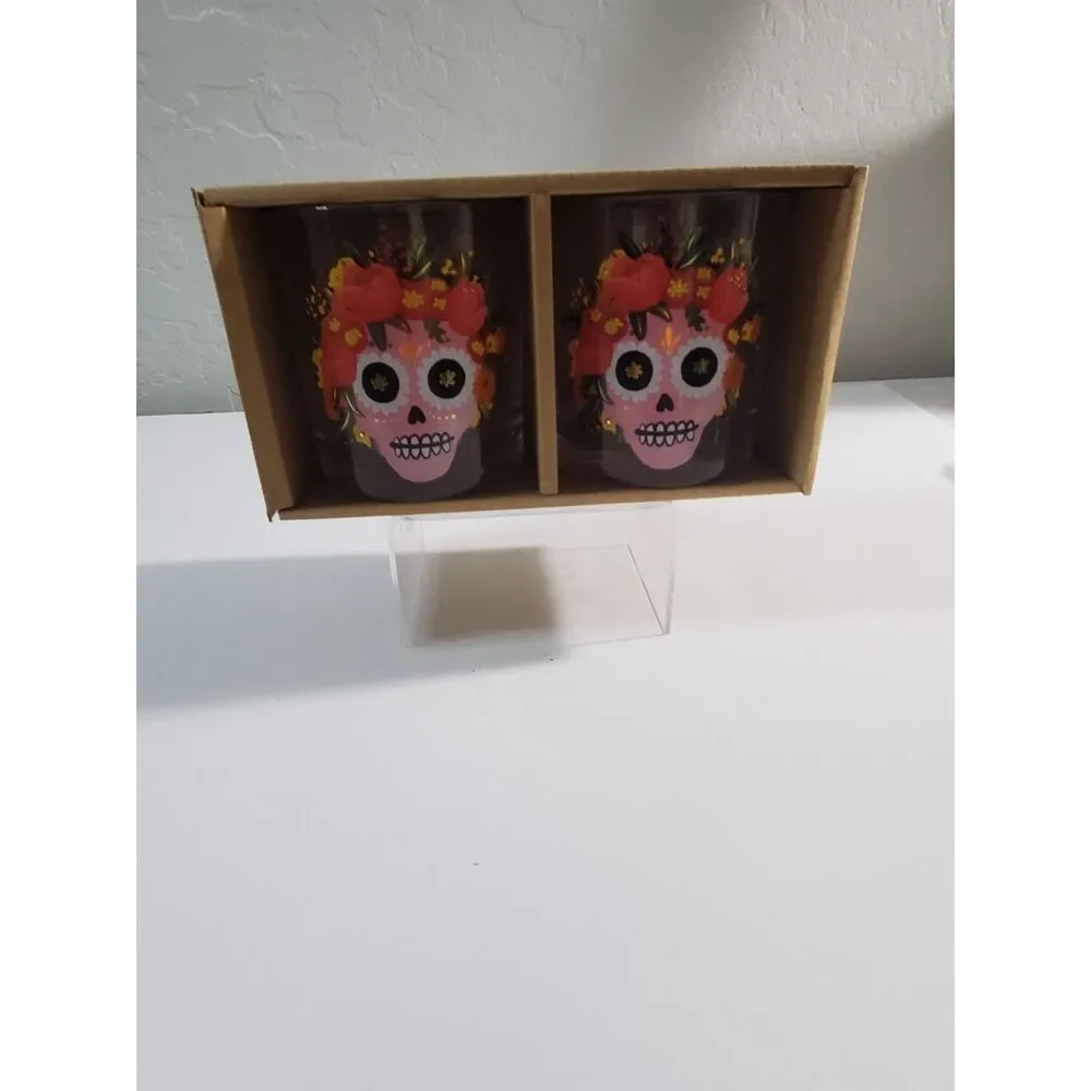 Paper Source Sugar Skull Glasses Set of 2 8 oz Glasses Tumblers New